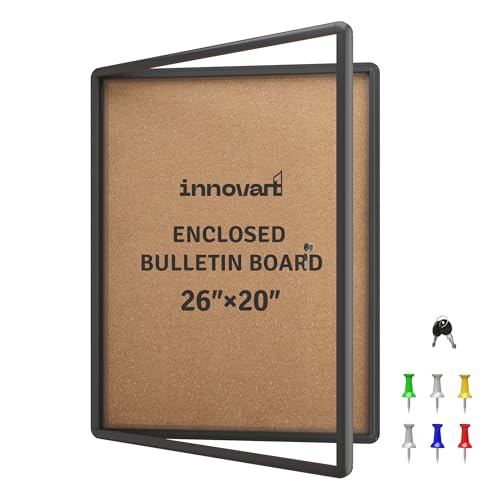 INNOVART 26”x20” Enclosed Bulletin Board, Weatherproof Enclosed Cork Board with Swing-Open Locking Door, Black Aluminum Frame Wall Mounted Display Case for Home, School, Office, Commercial - color: Black Frame Cork, size: 26"x20"