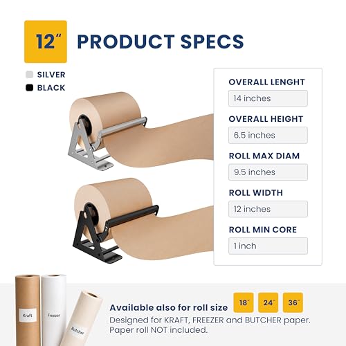 DIY Crew 12 Inch Paper Roll Dispenser and Cutter - Heavy-Duty Wall Mountable, Non Slip Tabletop - Kraft, Freezer, Butcher Paper - Up to 1000ft Rolls - color: Silver, size: 12"