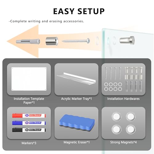 Magnetic Glass Whiteboard for Wall, 36" x 24" Large Dry Erase Board, Frameless Wall-Mounted White Board School, Classroom, Office & Home - size: 36" x 24"