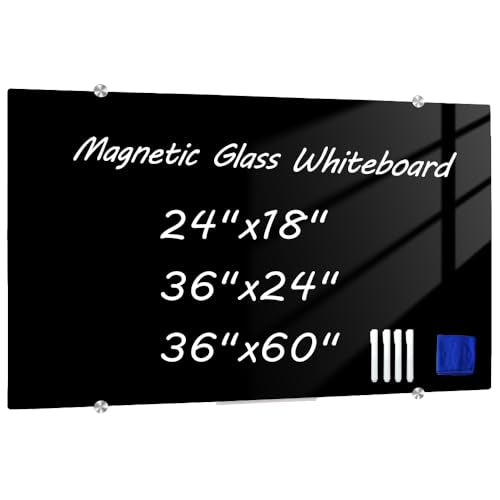 DEVELOP Magnetic Black Glass Dry Erase Board, 24 x 18 Inches (60 x 45 cm), Small Frameless Wall Mounted Writing Glass Whiteboard with 4 Markers, 2 Magnets, 1 Eraser - color: Black, size: 24x18 inch
