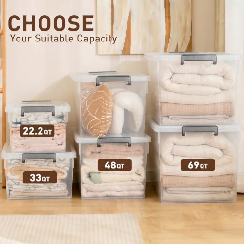 Citylife 48 Qt Ultra-Thick (3.82mm) Clear Plastic Storage Bins with Lids, 6-Pack Stackable Straight-Wall Closet Organizers with Honeycomb Base & Pinch-Free Latches for Garage, Clothes & Holiday Decor - size: 48 QT, style: 6 Pack