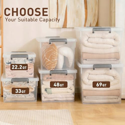 Citylife 48 Qt Ultra-Thick (3.82mm) Clear Plastic Storage Bins with Lids, 6-Pack Stackable Straight-Wall Closet Organizers with Honeycomb Base & Pinch-Free Latches for Garage, Clothes & Holiday Decor - size: 48 QT, style: 6 Pack
