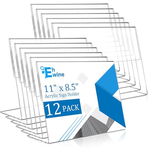 EHWINE Acrylic Sign Holder 8.5 x 11 Horizontal, 12 Pack Clear Plastic Tabletop Display Stands, Slanted Back Paper Flyer Holders for Office, Restaurant, Store and Business