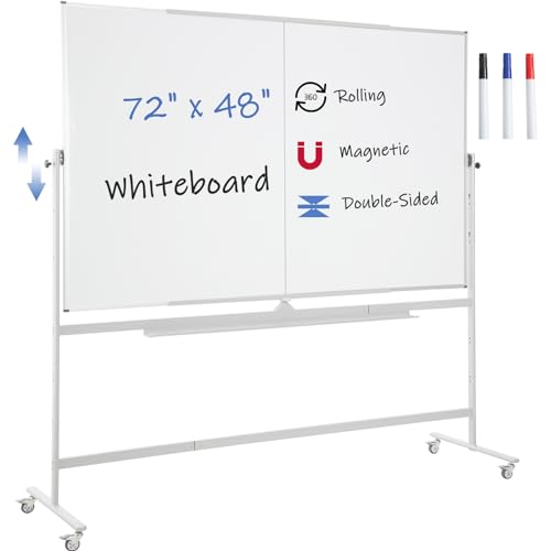 FORTUNO Large Magnetic Mobile Whiteboard 72"x48", Rolling Double Sided Stand Whiteboard on Wheels, Reversible Adjustable Height/Angle Dry Erase Board 6' x 4' Easel White Board for Office Classroom - color: White, size: 72"W x 48"H