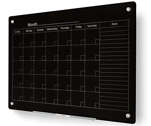 J&J worldwide Black Calendar Magnetic Glass Whiteboard 47x35 Inch, Frameless Tempered Glass Dry Erase Board Wall Mounted Includes Markers, Eraser, Magnets, Mounting Kit for Office Home& School - color: Monthly Calendar Black, size: 47"W x 35"H