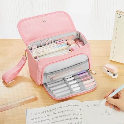 Sooez Super Large Pencil Case, Big Capacity Pencil Bag with 3 Compartments, Hold 200 pencils, Cute Pencil Pouch with Zipper, Portable Stationery Pen Bag, Aesthetic School Supplies For Girls, Pink - color: Pink