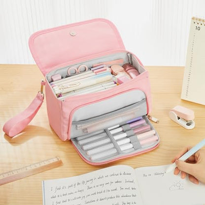 Sooez Super Large Pencil Case, Big Capacity Pencil Bag with 3 Compartments, Hold 200 pencils, Cute Pencil Pouch with Zipper, Portable Stationery Pen Bag, Aesthetic School Supplies For Girls, Pink - color: Pink