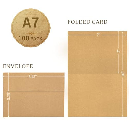 Goefun Brown Kraft Blank Cards and Envelopes 5x7, A7 Envelopes Self Seal with Folded Brown Cardstock 5x7 100 Pack for Invitations, Wedding, Birthday, DIY Greeting Cards & All Occasions - color: Brown, size: 5x7