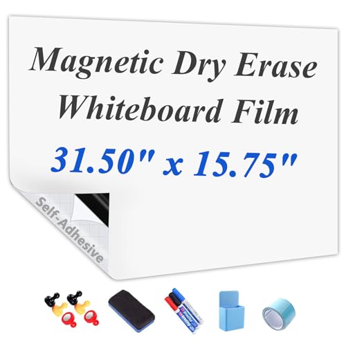 Self-Adhesive Dry Erase Whiteboard Sticker, 31.50" x 15.75" Magnetic Receptive White Board Wall Film, No Ghosting, Easy Write & Clean | Peel & Stick for Office, Home & Classroom,Incl. Accessories - size: 31.50" x 15.75"