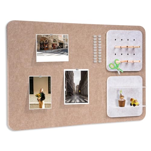 Wall Organizer Bulletin Board with Shelves and Key Holder, 2-in-1 Felt Pin Board for Photos, Notes, Keys and Small Accessories, Memo Board for Home Office Dorm, Khaki & Light Camel, 15.7"x23.6" - color: Khaki & Light Camel