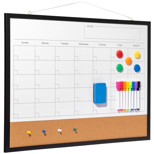 Dry Erase Calendar Whiteboard, 24" x 18" Magnetic Whiteboard Cork Board Combo, Reusable Monthly Planner with 8 Markers, Eraser, Magnets and Pushpins, Hanging Dry Erase Board for Home, School - Black - color: Black