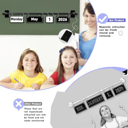 2026 Upgraded Magnetic Rod Black and White Flip Calendar for Classroom, Classroom Calendar Date Cards Black and White Classroom Decor Bulletin Board Set