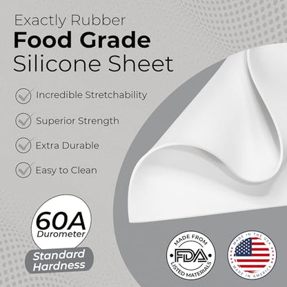 Exactly Rubber - White Silicone Sheet, 60A Durometer Silicone Mat, Food-Grade Rubber Mat with -80 to 450°F Temperature Resistance, 400% Elongation, Silicone Placemat Made in The USA, 1/32 x 9” x 24” - size: 1/32 x 9 x 24