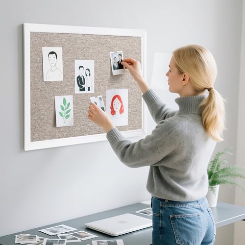 VUSIGN Linen Bulletin Board, 30'' x 20'' Large White Cork Board Decorations, Wall Mounted White Framed Cork Boards, Fabric Pin Boards for Walls with 10 Pushpins for Home, School, Office