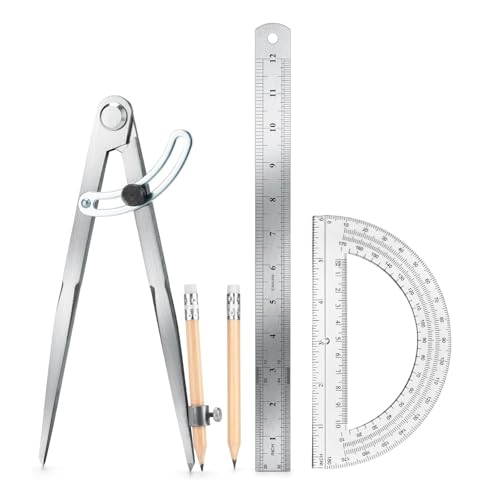 Compass Geometry Tool, Drawing Compass, Professional 12 Inch Large Compass with Wing for Woodworking, 6 Inch Protractor, 12 Inch Ruler, 2 Pencil for Carpenter, Drafting - size: 12 inches+2 Pencils