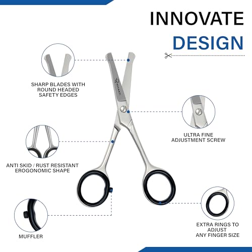 Ruvanti 5.2" Kids Hair Cutting Scissors - Safety Rounded Tip Barber Shears for Children, Infants & Facial Hair Trimming - Sharp Stainless Steel Blades, Ergonomic Grip - Ideal for Home & Salon Use