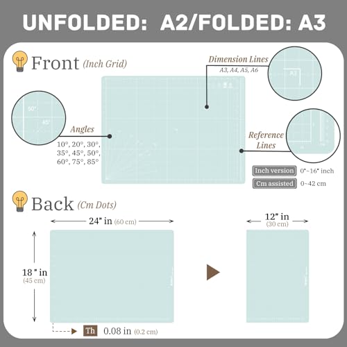 iMAT Flip Cutting Mat Note A2, Foldable, Double-Sided, Light Green | Inch grid front, cm dot back for precise measuring. Large 18" x 24" workspace, ideal for crafts, sewing, and DIY - color: Light Green