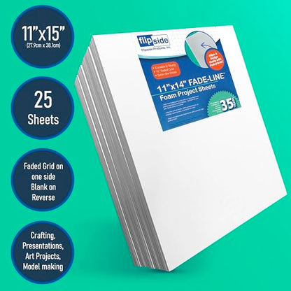 Flipside Products 11" x 14" Fade-Line White Poster Foam Board 3/16'' Thick, 1/2" Subtle Grid Lines for Alignment & Visual Layouts, Arts, and Crafts, Pack of 25 - style: 25 Pack