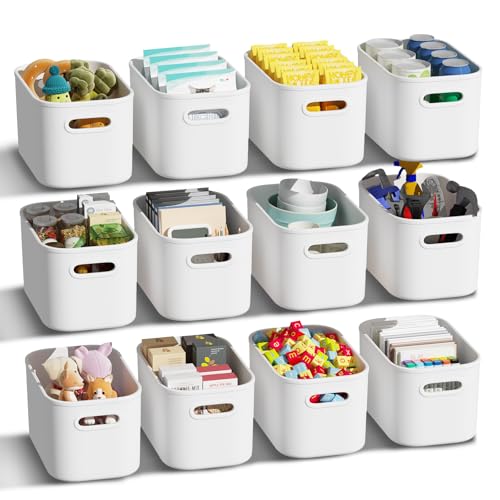 ORGIDOL 12 Pack White Plastic Storage Bins, Storage Container for Organizing, Storage Boxes with Handle for Shelves, Cute Organizer Bins for Craft, Snacks, Pantry, Cabinet, 9.69x6.7x5.7 inch - color: White, size: 12Pack