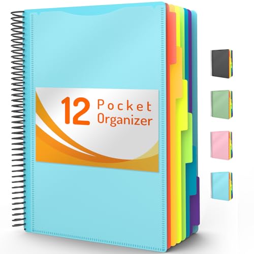 Forvencer 12 Pocket Project Organizer, 1/6-cut Tab Binder Organizer with Sticky Labels, Multi Pocket Folder with Zipper Pouch, Folder Binder Spiral Pocket Notebook, Office Supplies, Letter Size, Blue - color: Sky Blue