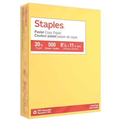 Staples 30% Recycled, 8.5 x 11 Inch, 20 lbs, 500-Sheets Pack, Canary, For Office, School & Home - style: Canary