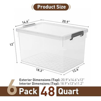 Citylife 48 Qt Ultra-Thick (3.82mm) Clear Plastic Storage Bins with Lids, 6-Pack Stackable Straight-Wall Closet Organizers with Honeycomb Base & Pinch-Free Latches for Garage, Clothes & Holiday Decor - size: 48 QT, style: 6 Pack