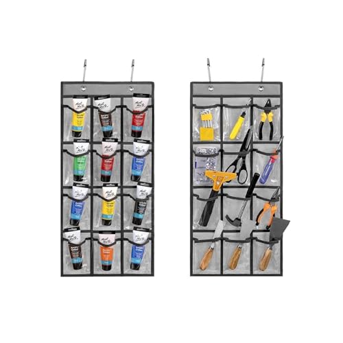 2 Pcs Classroom Pocket Chart Cell Phone Organizer Calculator Holder Over The Door Hanging Storage for Sock Underwear Jewelry with 12 Clear Pockets (Grey) - color: Grey