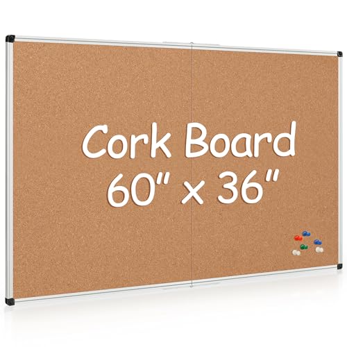Extra Large Cork Bulletin Board 60" X 36", Foldable Notice Pin Board for Wall, Silver Aluminum Framed 5'x3' Corkboard, Wall Mounted Noticeboard with 36 Push Pins for School, Home & Office - size: 60" x 36"