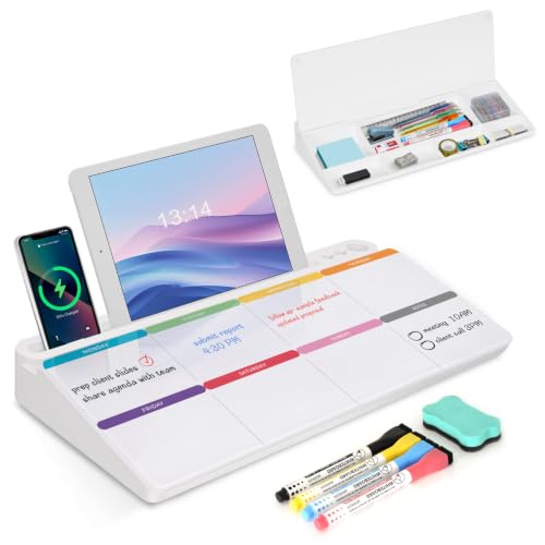 Desktop Glass Whiteboard with Storage, Colorful Weekly Calendar Desk Dry Erase White Board, Desk Organizers and Accessories, Weekly Planner Board with Notes for Planning, Memo, Office, Home, School - color: Colourful Weekly Planner-white