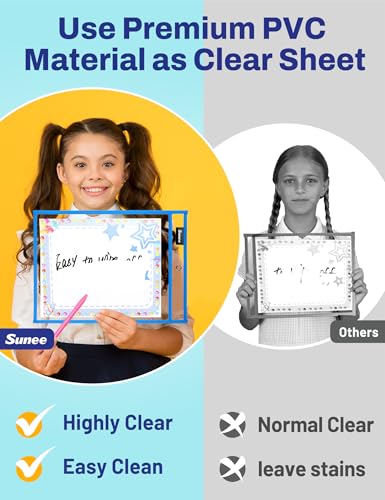 SUNEE 30 Packs Oversized Reusable Dry Erase Pocket Sleeves with 2 Rings, Blue 10x14 Ticket Holders, Clear Plastic Sheet Protectors, Teacher School Classroom Supplies - color: Blue, style: 30 Pack