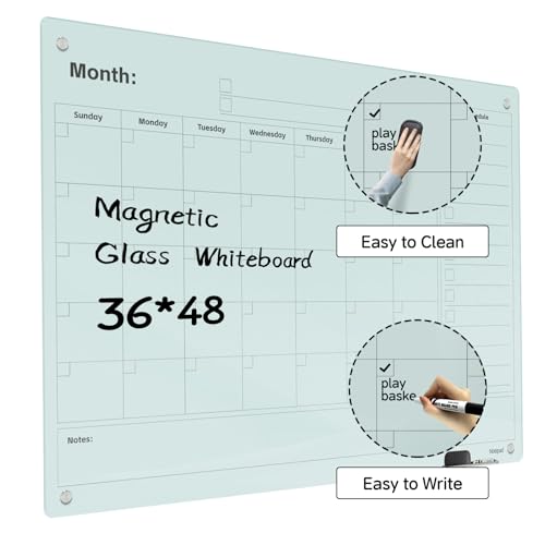 Magnetic Glass Dry Erase Board Calendar- White Board 48 x 36 Inch Wall Mounted Monthly Whiteboard, Large Frameless Glass White Board for Wall Office, Home & School - color: Mothly-b, size: 48"W x 36"H