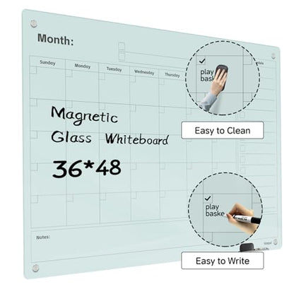 Magnetic Glass Dry Erase Board Calendar- White Board 48 x 36 Inch Wall Mounted Monthly Whiteboard, Large Frameless Glass White Board for Wall Office, Home & School - color: Mothly-b, size: 48"W x 36"H