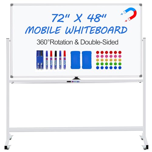 Max-officoo Magnetic White Board Dry Erase Whiteboard with Rolling Stand 72"x48" Double-Sided Mobile Large White Board on Wheels, Including 3 Magnetic Erasers, 7 Markers, 30 Magnets - color: White, size: 72"W x 48"H