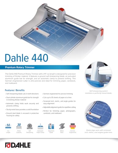 Dahle 440 Premium Rotary Trimmer, 14" Cut Length, 30 Sheet Capacity, Self-Sharpening, Automatic Clamp, German Engineered Paper Cutter - size: 14" Cut Length