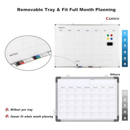 Comix Magnetic Dry Erase Calendar Whiteboard, 36 x 24 Inches Monthly Calendar Dry Erase Board for Wall, Aluminum Frame Planner White Board with Dry Erase Markers, Eraser, Magnets - size: 36"W x 24"H