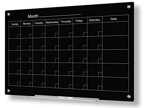 J&J worldwide Black Calendar Magnetic Glass Whiteboard 35x23 Inch, Frameless Tempered Glass Dry Erase Board Wall Mounted Includes Markers, Eraser, Magnets, Mounting Kit for Office Home& School - color: Monthly Calendar Black, size: 35"W x 23"H