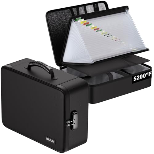 ENGPOW Fireproof Document Box with Lock,5200℉ Soft Case Fireproof Box with 25 Pocket Accordion File Folder,Multi-Layer Fireproof Water Resistant File Organizer Storage for Important Documents,Laptop - color: Black, style: 25 Pockets