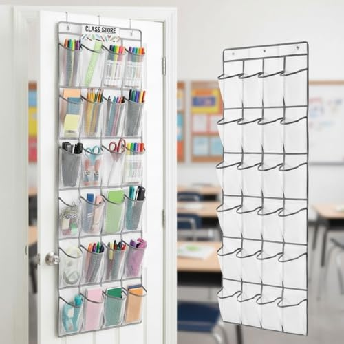 24 Pocket Classroom Organizer Teacher Storage Chart Incentive Reward Treasure Wall Display for Teacher over The Door Hanging Storage with Class Store Cards Labels Hook for Class Jobs Must Have