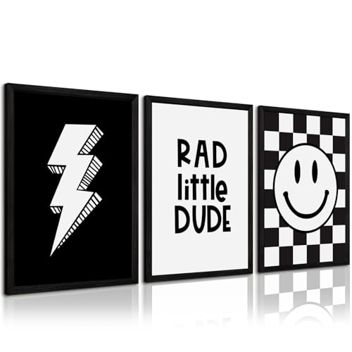 Boys Room Wall Art Decor Toddler Nursery Canvas Wall Art Baby Kids Wall Decor Black Checkered Smiley Poster Pictures Retro Playroom Rad Little Dud Art Prints for Bedroom 16x24x3 Inch Wood Framed - color: Boy Art, size: 24"L x 16"W