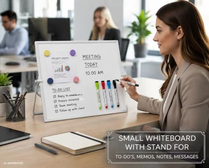 MXG 10x14 Inch Double Sided Magnetic Dry Erase Board with Stand | 360 Adjustable Small White Board with Markers Magnets & Eraser, Portable Mini Whiteboard for Desk, Wall, Office, & Classroom - size: 10"W x 14"H