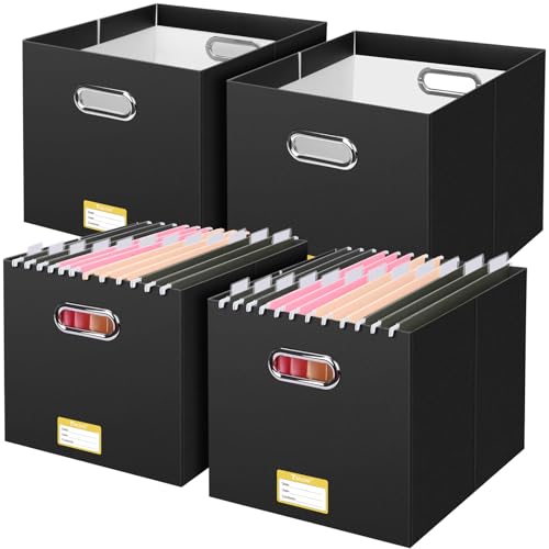 BALEINE File Organizer Box, Cardboard File Folder Organizer with Handle for Letter Size, Portable Collapsible Hanging Filing Box for Home Office Document Storage (4 Pack, Large Black) - color: Black, style: 4PK