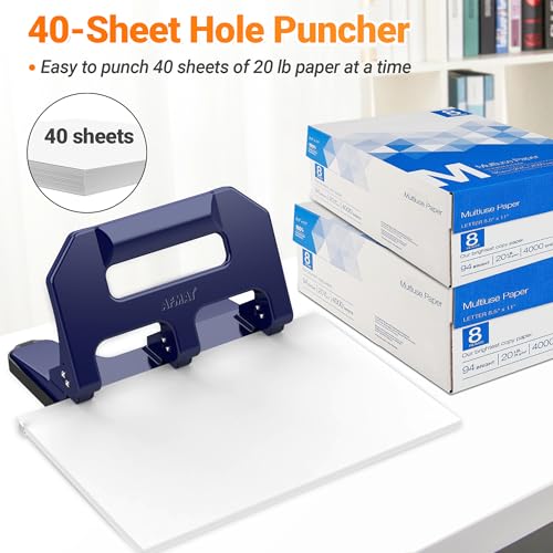 AFMAT Heavy Duty 3 Hole Punch, 3 Hole Puncher for Binder, 40-Sheet Three Hole Punch w/ 10000+ Uses, Metal Hole Puncher 3 Ring, 50% Reduced Effort, 9/32inch Hole, Bulit-in S.S. Paper Guide HPX1 (Blue) - color: Blue