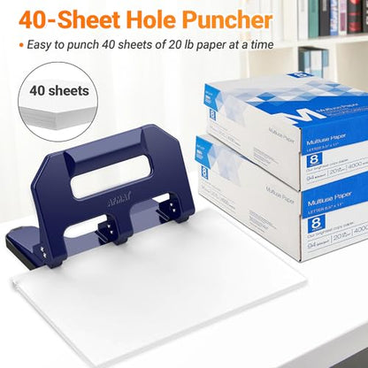 AFMAT Heavy Duty 3 Hole Punch, 3 Hole Puncher for Binder, 40-Sheet Three Hole Punch w/ 10000+ Uses, Metal Hole Puncher 3 Ring, 50% Reduced Effort, 9/32inch Hole, Bulit-in S.S. Paper Guide HPX1 (Blue) - color: Blue