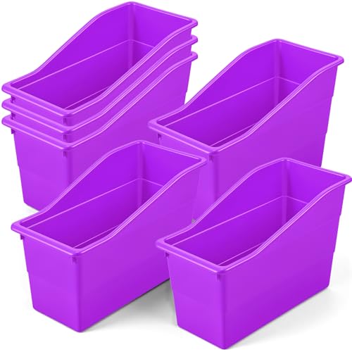 6 Pack Book Bins for Classroom Library, Storage Organizer Bins Holders, 11.4 x 5.5 x 7.4 Inch Durable Plastic Containers for School, Office, Kitchen & Home Organization (Purple) - color: Purple