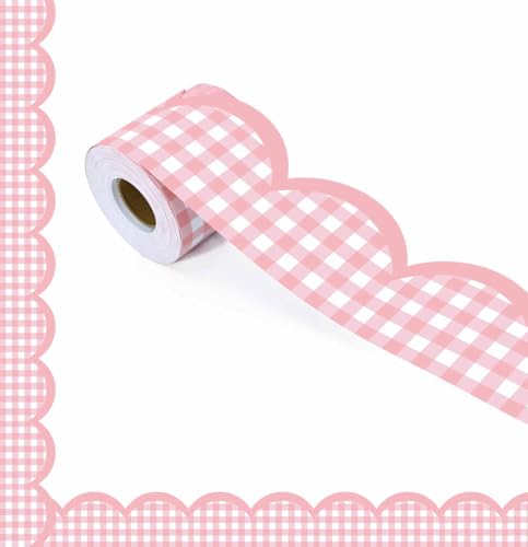 65Ft Light Pink Gingham Bulletin Board Border Checkered Scalloped Trim 1 Roll of Scalloped Pink and White Plaid Classroom Borders for Bulletin Board Chalkboard Party Decorations - color: Light Pink Gingham Bulletin Board Border