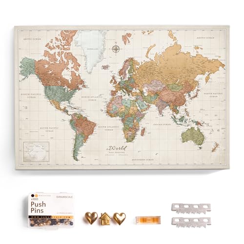 Canvas World Map with Cork Pin Board - English Lettering - Decorative Wall Decoration for All Rooms - Canvas Pictures with World Map Motif (70x50 cm, Pattern 22) - color: Design 22, size: 28" x 20"