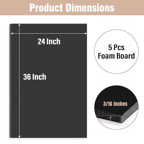 Golden State Art, Acid Free 5 Pack 24x36 Black Boards Foam Core Poster Board, 3/16'' Thick Polystyrene Foam Sheet for Projects, Mounting, Crafts, Art and Presentations