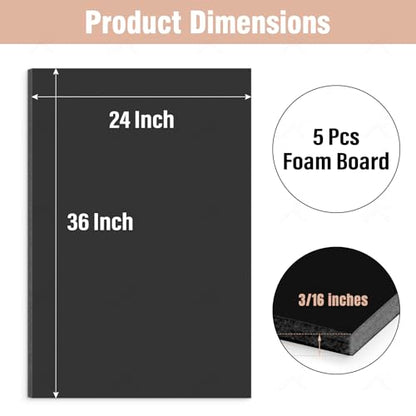 Golden State Art, Acid Free 5 Pack 24x36 Black Boards Foam Core Poster Board, 3/16'' Thick Polystyrene Foam Sheet for Projects, Mounting, Crafts, Art and Presentations