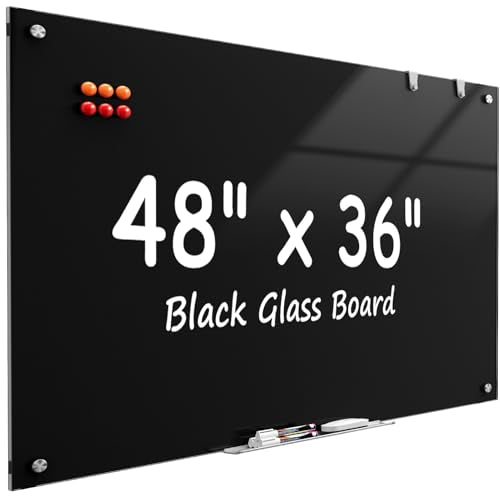 MaxGear Glass Whiteboard Wall Mounted, Frameless Magnetic Dry Erase Board, Tempered Glass, Steel-Backed, Non-Porous Smooth Surface, Floating Design, Accessories Included, for Office Home Classroom - color: Black, size: 48"W x 36"H