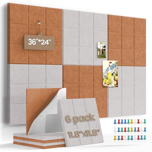 Large Felt Board Tiles for Wall with 30 Push Pins, 11.8"x11.8" Pack of 6 Pin Board Notice Boards for Home Office Kitchen, Bulletin Board Wall Tiles for Photos Memos (Orange+Grey, 6 Pack) - color: Orange+grey, size: 6 Pack